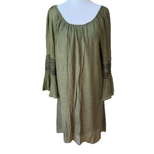 Just Found Olive Green Gauze Western Boho Flare Crochet Inset Sleeve Sz 1X